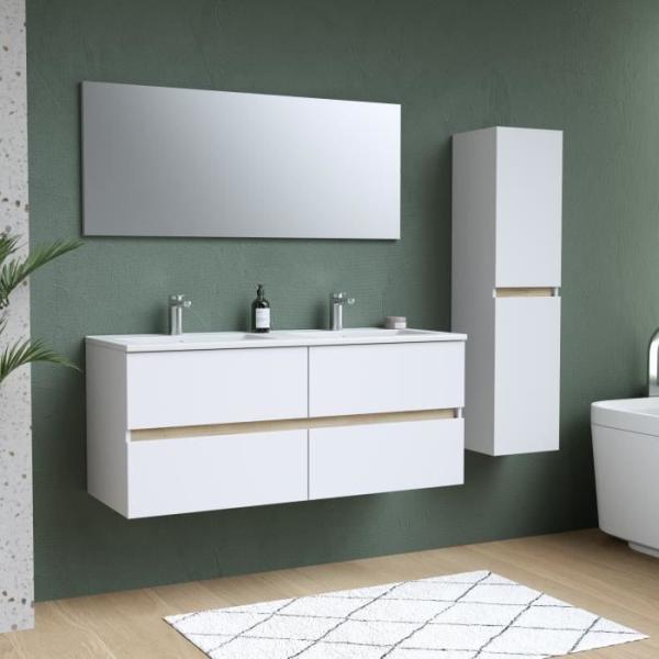 Ensemble Meubles de salle de bain blanc - Double vasque L120cm - miroir - colonne - TOTEM