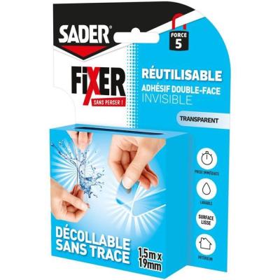 Adhésif double face extra - SADER - Fixer sans percer - Invisible - Décollable/réutilisable - Transparent - 1.5 m x 19 mm