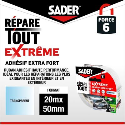Adhésif extra fort - SADER - Repare tout extreme - Transparent - Intérieur & Exterieur - Toutes Surfaces - 20 m x 50 mm