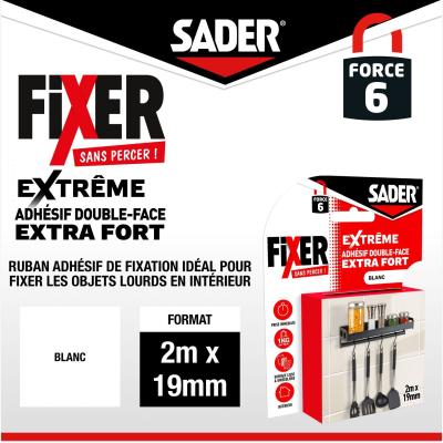 Adhésif double face extra fort - SADER - Fixer sans percer - Extreme - Intérieur - Supporte jusqu'a 10 Kg - Blanc - 2 m x 19 m