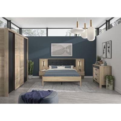 Lit adulte avec chevets lambris - MAXIMIN - 160 x 200 cm - Chene Krönberg clair - GAMI