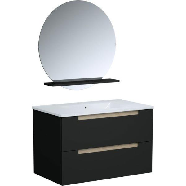 Ensemble meuble de salle de bain - Vasque - Noir mat - L80 x P45 x H50 cm - Miroir - PRIZO