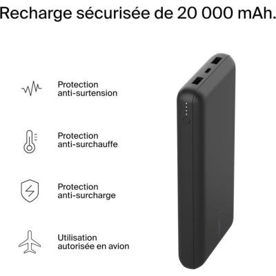 Batterie externe - BELKIN - 20 000 mAh - USB-A & USB-C - 15 W - Noir