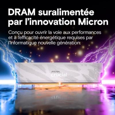 Mémoire gamer - CRUCIAL Pro OC - CP16G64C32U5W - 16&nbsp;Go DDR5-6400 UDIMM - CL32 avec dissipateur thermique - Blanc