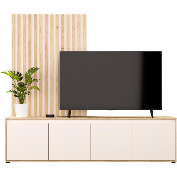 Meuble TV paroi - SKELPE - Sable / Chene - 4 portes - 188,3 x 42 x 169,7 cm