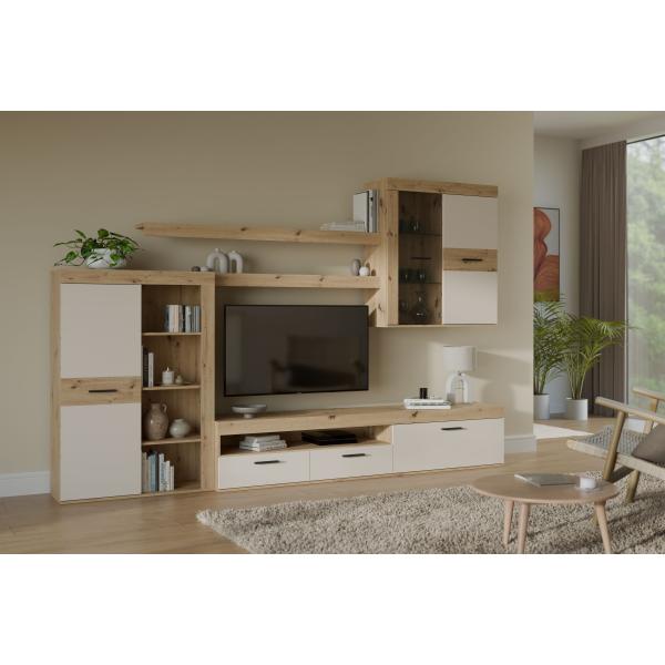 Ensemble meuble TV paroi - ZUMBA - Sable / Chene - 300 x 41 x 200,9 cm - Eclairage LED inclus