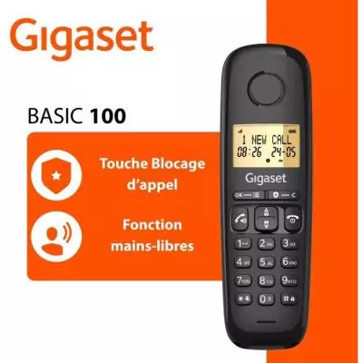 Téléphone fixe - GIGASET - Basic 100 - Mode mains libres - Ecran rétroéclairé - Répertoire 50 contacts - Blocage d'appels