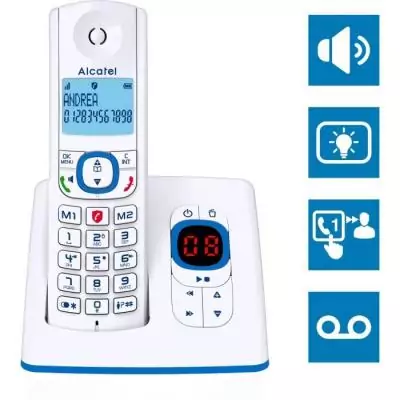 Téléphone sans fil - ALCATEL - F530 Voice - Répondeur, blocage d'appels, mains libres, 2 mémoires directes, Blanc/Bleu Téléphone sans fil - ALCATEL - F530 Voice - Répondeur, blocage d'appels, mains libres, 2 mémoires directes, Blanc/Bleu