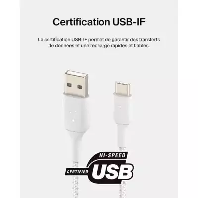 Câble tressé BELKIN USB-C vers USB-A - Blanc 0,15m | Résistant & Rapide