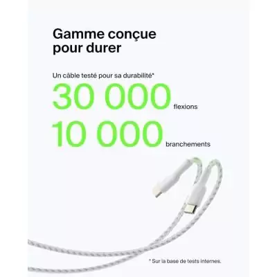 Câble tressé 3 m USB-A vers USB-C - BELKIN Blanc | Connexion rapide et fiable
