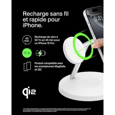 Chargeur 3-en-1 BELKIN Qi1 - Station de recharge sans fil - 15 W - Design Blanc