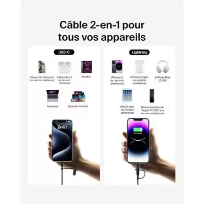 Câble 2-en-1 BELKIN USB-C et Lightning Noir - Connectivité rapide